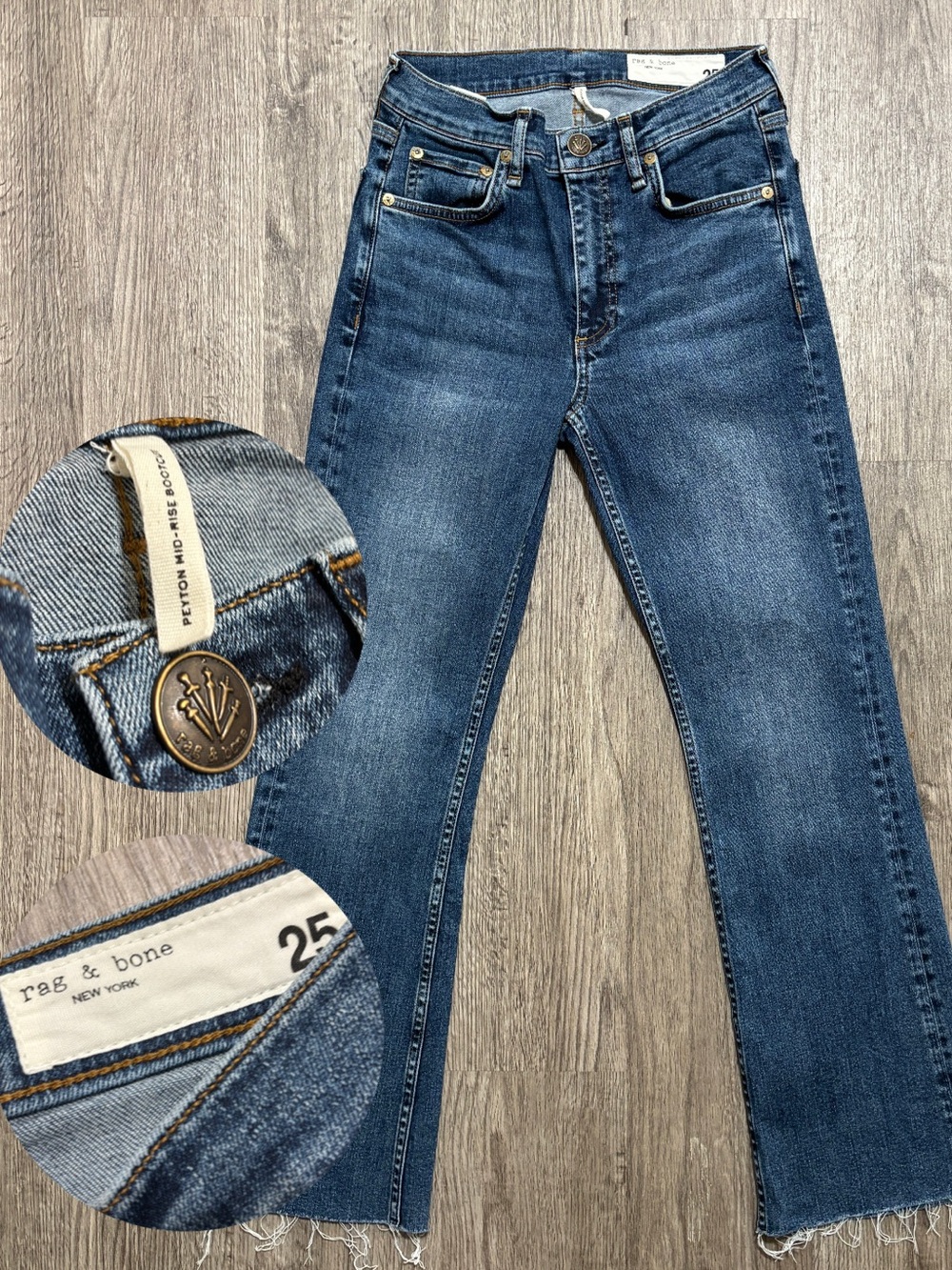 Rag & Bone Peyton Mid Rise Bootcut Jeans Womens 25 Blue Raw Hem